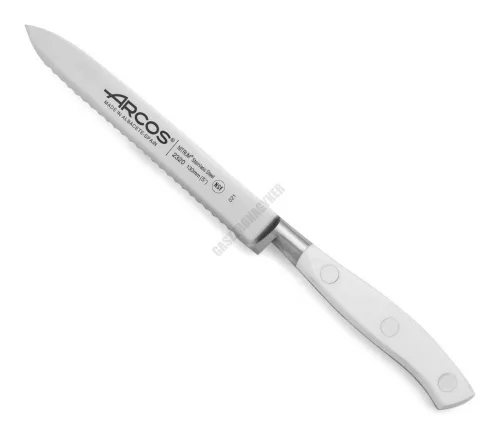 Paradicsomszeletelő kés, 13 cm-es recés kovácsolt penge, Arcos Riviera Blanc, fehér szegecselt nyéllel 