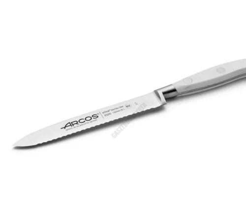 Paradicsomszeletelő kés, 13 cm-es recés kovácsolt penge, Arcos Riviera Blanc, fehér szegecselt nyéllel 
