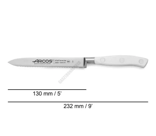 Paradicsomszeletelő kés, 13 cm-es recés kovácsolt penge, Arcos Riviera Blanc, fehér szegecselt nyéllel 