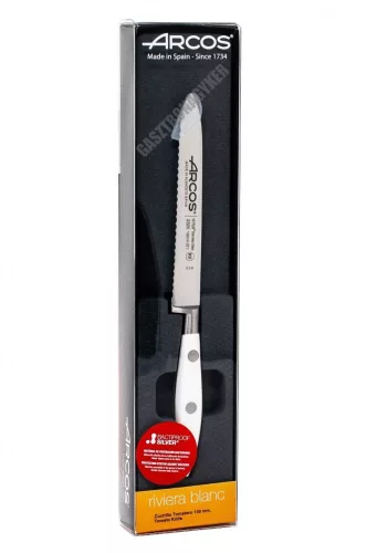 Paradicsomszeletelő kés, 13 cm-es recés kovácsolt penge, Arcos Riviera Blanc, fehér szegecselt nyéllel 
