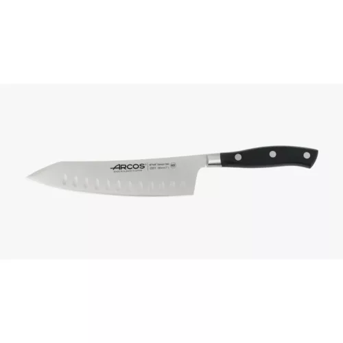 Santoku japán kés, 18 cm kovácsolt pengével, Arcos Riviera, fekete szegecselt nyéllel