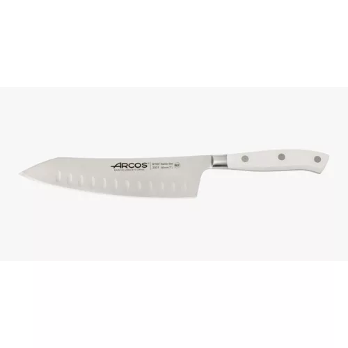 Santoku japán kés, 18 cm kovácsolt pengével, Arcos Riviera Blanc, fehér szegecselt nyéllel