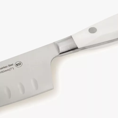 Santoku japán kés, 18 cm kovácsolt pengével, Arcos Riviera Blanc, fehér szegecselt nyéllel