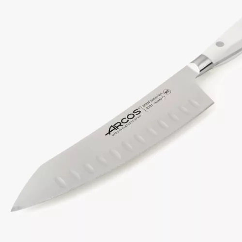 Santoku japán kés, 18 cm kovácsolt pengével, Arcos Riviera Blanc, fehér szegecselt nyéllel