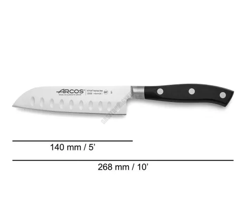 Santoku japán kés, 14 cm kovácsolt pengével, Arcos Riviera, fekete szegecselt nyéllel