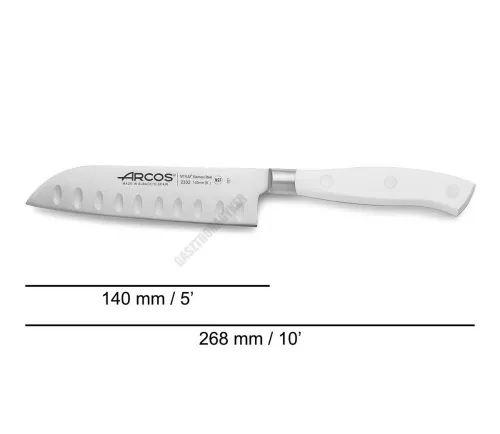 Santoku japán kés, 14 cm kovácsolt pengével, Arcos Riviera Blanc, fehér szegecselt nyéllel