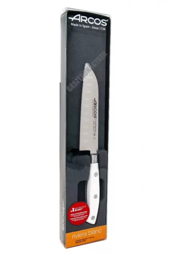 Santoku japán kés, 14 cm kovácsolt pengével, Arcos Riviera Blanc, fehér szegecselt nyéllel