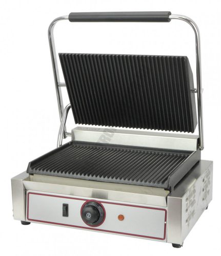 Kontaktgrill 1 fedlapos,bordás sütőfelület,bordás fedlap, 50-300°C-ig termosztát, sütőfelület: 335x230, 230 V/2,2 kW, 430x310x220