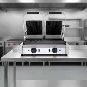   Kontaktgrill 2 fedlapos, bordás sütőfelület, bordás fedlap, 50-300°C-ig termosztát, sütőfelület: 475×230, 2×1,8 kW