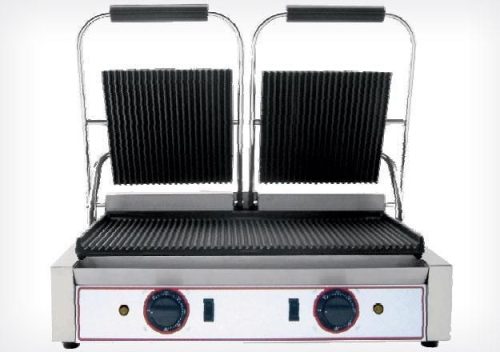 Kontaktgrill 2 fedlapos,bordás sütőfelület,bordás fedlap, 50-300°C-ig termosztát, sütőfelület: 475x230, 230 V/2x1,8 kW, 565x310x220