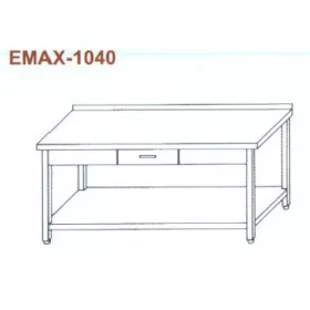   Rozsdamentes munkaasztal alsó polccal, 1 fiókkal, hátsó felhajt. Emax-1040, 1.4301 anyag 1300×700×850