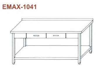 Rozsdamentes munkaasztal alsó polccal, 2 fiókkal, hátsó felhajt. Emax-1041, 1.4301 anyag 1100×700×850