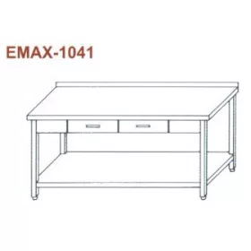   Rozsdamentes munkaasztal alsó polccal, 2 fiókkal, hátsó felhajt. Emax-1041, 1.4016-os anyagból 1300×700×850