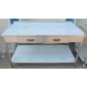  Rozsdamentes munkaasztal alsó polccal, 2 fiókkal, hátsó felhajt. Emax-1041, 1.4016-os anyagból 1500×700×850