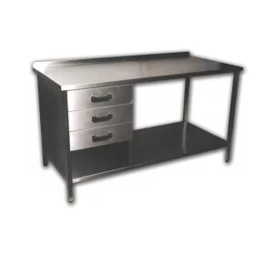   Rozsdamentes munkaasztal alsó polccal, 3 fiókkal, hátsó felhajt. Emax-1050 1.4016-os anyagból 1700×700×850