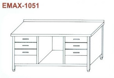 Rozsdamentes munkaasztal alsó polccal, 2x3 fiókkal, hátsó felhajt. Emax-1051, 1.4301 anyag 1300×700×850