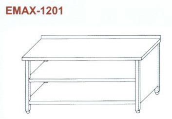 Rozsdamentes munkaasztal 3 old. zárt, elöl nyitott, alsó és köztes polccal, hátsó felhajt. Emax-1201, 1.4301 anyag 1200×700×850