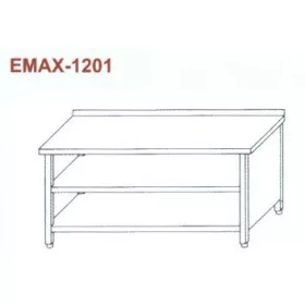   Rozsdamentes munkaasztal 3 old. zárt, elöl nyitott, alsó és köztes polccal, hátsó felhajt. Emax-1201, 1.4016-os anyagból 1300×700×850