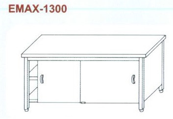 Rozsdamentes munkaasztal 3 old. zárt, elöl tolóajtó, alsó és köztes polccal Emax-1300, 1.4016-os anyagból 1000×700×850