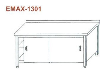 Rozsdamentes munkaasztal 3 old. zárt, elöl tolóajtó, alsó és köztes polccal, hátsó felhajt. Emax-1301, 1.4301 anyag 1100×700×850