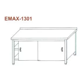   Rozsdamentes munkaasztal 3 old. zárt, elöl tolóajtó, alsó és köztes polccal, hátsó felhajt. Emax-1301, 1.4016-os anyagból 1300×700×850