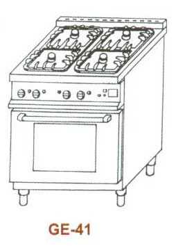 Gáztűzhely, GN 1/1 elektromos sütővel, 4 égő, GN 1/1 el.sütő, 4 ráccsal GE-41 1