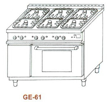 Gáztűzhely, GN 1/1 elektromos sütővel, 6 égő, 6 ráccsal GE-61 1