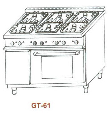 Gáztűzhely, 6 égő 2 rács, 2 melegítőlap és GN 1/1 gázüzemű sütő GT-61 4