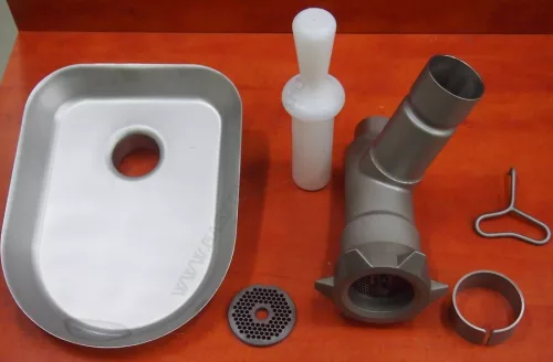 Húsdaráló, húsőrlő KF-605 segédgép, egyetemes konyhagéphez 240 kg/óra kapacitás, 3-5-8 mm tárcsa, 1 és 2 élű késsel