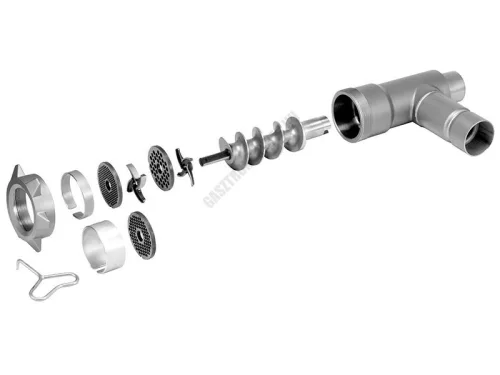 Húsdaráló, húsőrlő KF-605 segédgép, egyetemes konyhagéphez 240 kg/óra kapacitás, 3-5-8 mm tárcsa, 1 és 2 élű késsel