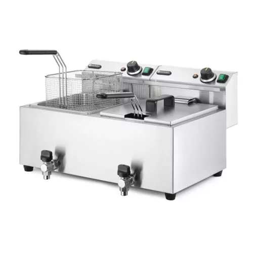 Olajsütő olajleeresztő csappal, 2×8 l, rozsdamentes, 230V/7000W