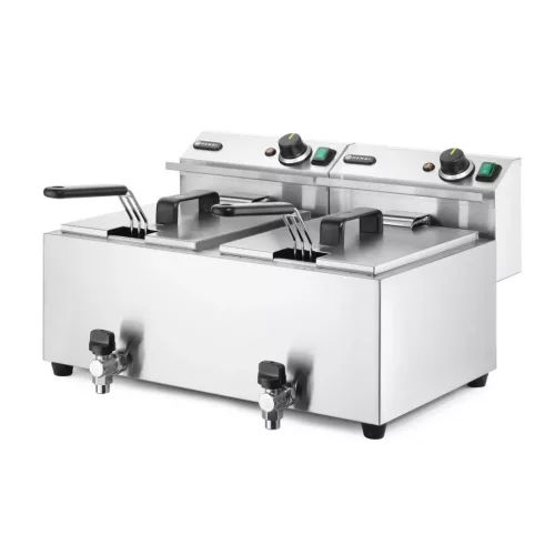 Olajsütő olajleeresztő csappal, 2×8 l, rozsdamentes, 230V/7000W