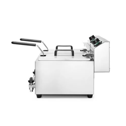 Olajsütő olajleeresztő csappal, 2×8 l, rozsdamentes, 230V/7000W