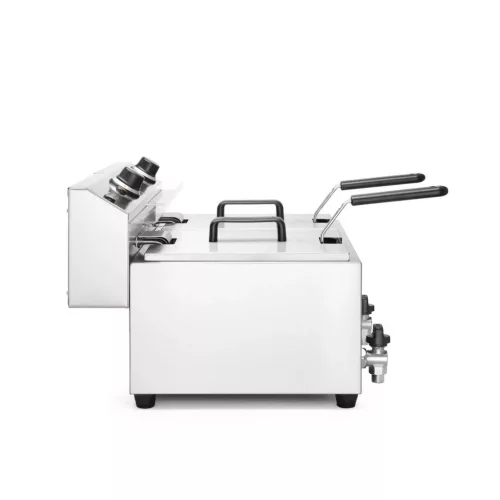 Olajsütő olajleeresztő csappal, 2×8 l, rozsdamentes, 230V/7000W