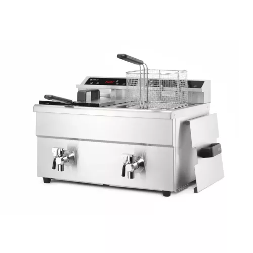 Indukciós olajsütő olajleeresztő csappal, 2×8 l, rozsdamentes, 230V/7000W