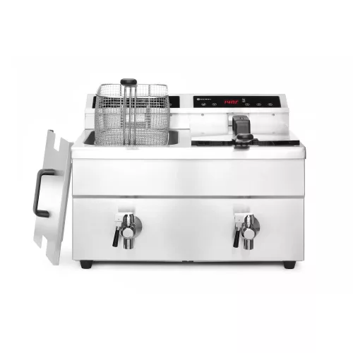 Indukciós olajsütő olajleeresztő csappal, 2×8 l, rozsdamentes, 230V/7000W
