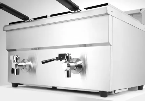 Indukciós olajsütő olajleeresztő csappal, 2×8 l, rozsdamentes, 230V/7000W
