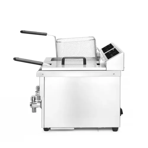 Indukciós olajsütő olajleeresztő csappal, 2×8 l, rozsdamentes, 230V/7000W