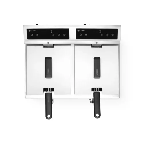 Indukciós olajsütő olajleeresztő csappal, 2×8 l, rozsdamentes, 230V/7000W