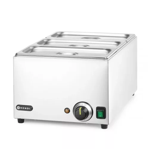 Melegentartó bain-marie + 3×GN 1/3 100 mm edény fedővel, vízfürdős GN 1/1