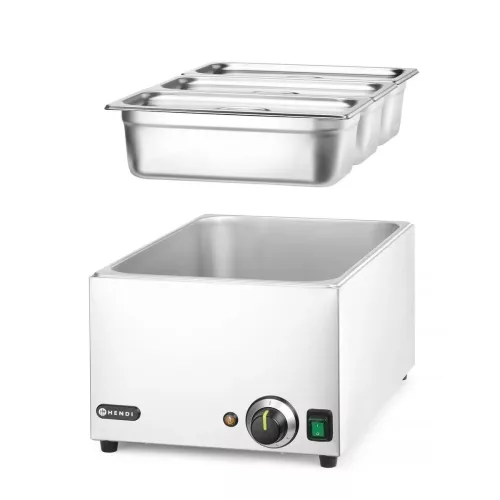 Melegentartó bain-marie + 3×GN 1/3 100 mm edény fedővel, vízfürdős GN 1/1