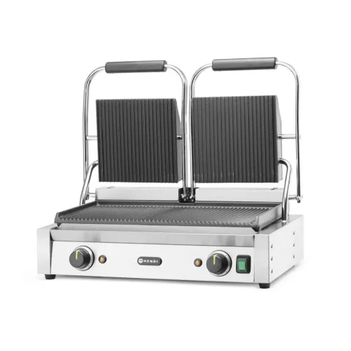 Kontaktgrill, dupla, teljesen bordázott, 230V/3600W, sütőfelület 47x23 cm