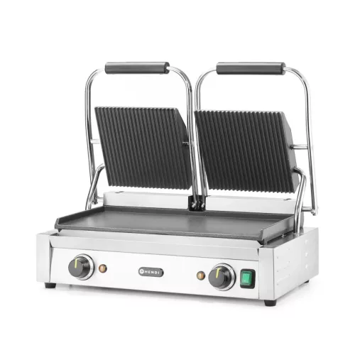 Kontaktgrill, dupla, bordázott tetejű és sima aljú, 230V/3600W, sütőfelület 47x23 cm