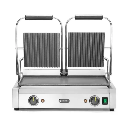 Kontaktgrill, dupla, bordázott tetejű és sima aljú, 230V/3600W, sütőfelület 47x23 cm