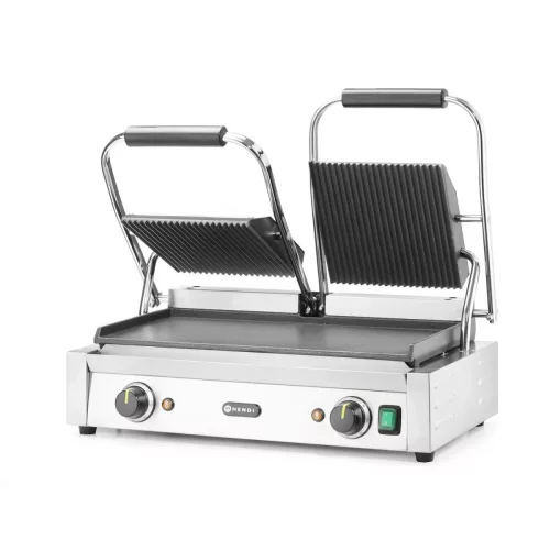 Kontaktgrill, dupla, bordázott tetejű és sima aljú, 230V/3600W, sütőfelület 47x23 cm