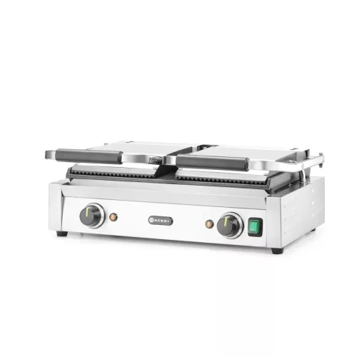 Kontaktgrill, dupla, bordázott tetejű és sima aljú, 230V/3600W, sütőfelület 47x23 cm