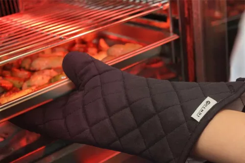 Sütőkesztyű-pár, pamut, 38 cm, hőálló 250 °C-ig, fekete