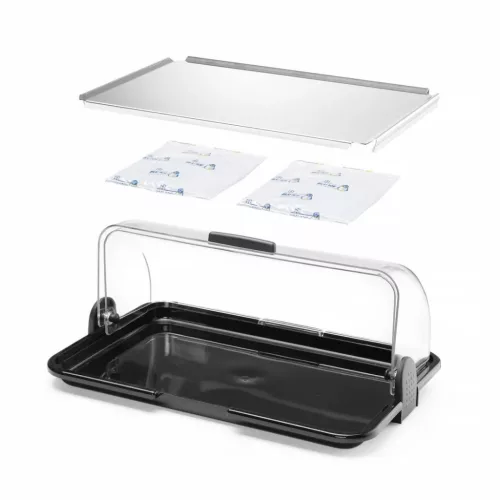 Bemutató tálca roll-top fedővel, hűthető/fűthető, 46,5×31,5×19,5 cm