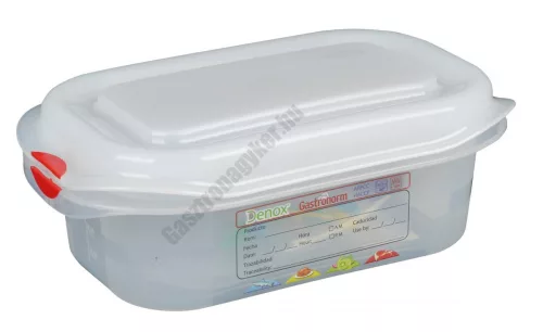 GN edény, 1/9 65 mm, 0,6 l, légmentesen záró fedővel, polipropilén