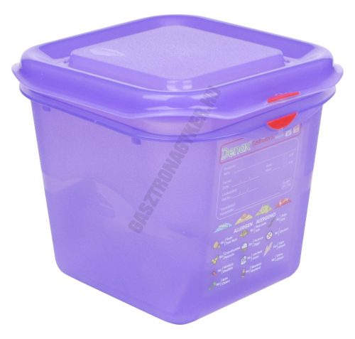 GN edény, 1/6 150 mm, 2,6 l, légmentesen záró fedővel, lila, anti-allergén, polipropilén